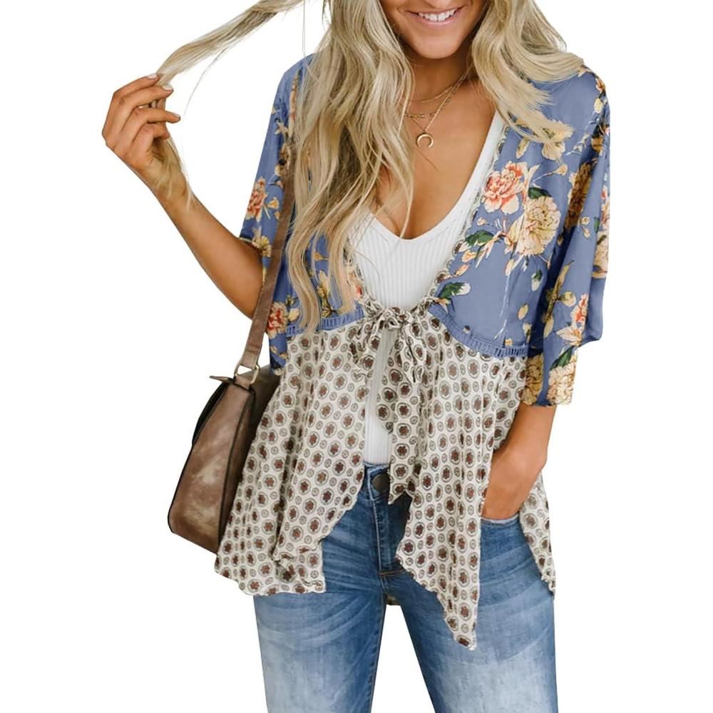 image:imageSaodimallsu Womens Tie Front Kimono Cardigans Floral Lightweight Ruffle 34 Sleeve Boho Flowy Beach Cover UpsBluish Gray