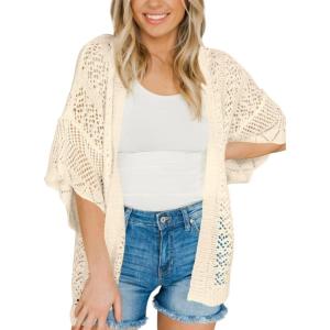 Saodimallsu Womens Lightweight Crochet Cardigans Summer Oversized 3/4 Sleeve Open Front Knit Kimono Cover Up(Beige)