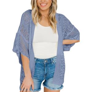 Saodimallsu Womens Lightweight Crochet Cardigans Summer Oversized 3/4 Sleeve Open Front Knit Kimono Cover Up(Blue)