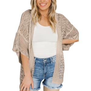 Saodimallsu Womens Lightweight Crochet Cardigans Summer Oversized 3/4 Sleeve Open Front Knit Kimono Cover Up(Khaki)