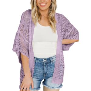 Saodimallsu Womens Lightweight Crochet Cardigans Summer Oversized 3/4 Sleeve Open Front Knit Kimono Cover Up(Purple)