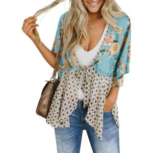 Saodimallsu Womens Tie Front Kimono Cardigans Floral Lightweight Ruffle 3/4 Sleeve Boho Flowy Beach Cover Ups(Blue)