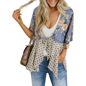 Saodimallsu Womens Tie Front Kimono Cardigans Floral Lightweight Ruffle 3/4 Sleeve Boho Flowy Beach Cover Ups(Bluish Gray)