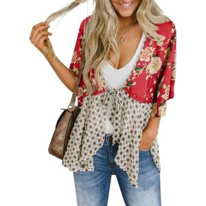 Saodimallsu Womens Tie Front Kimono Cardigans Floral Lightweight Ruffle 3/4 Sleeve Boho Flowy Beach Cover Ups(Burgundy)