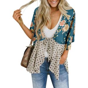 Saodimallsu Womens Tie Front Kimono Cardigans Floral Lightweight Ruffle 3/4 Sleeve Boho Flowy Beach Cover Ups(Dark Blue)
