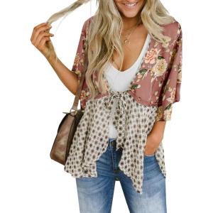Saodimallsu Womens Tie Front Kimono Cardigans Floral Lightweight Ruffle 3/4 Sleeve Boho Flowy Beach Cover Ups(Pink)