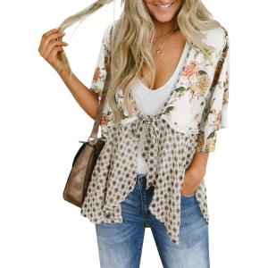 Saodimallsu Womens Tie Front Kimono Cardigans Floral Lightweight Ruffle 3/4 Sleeve Boho Flowy Beach Cover Ups(White)