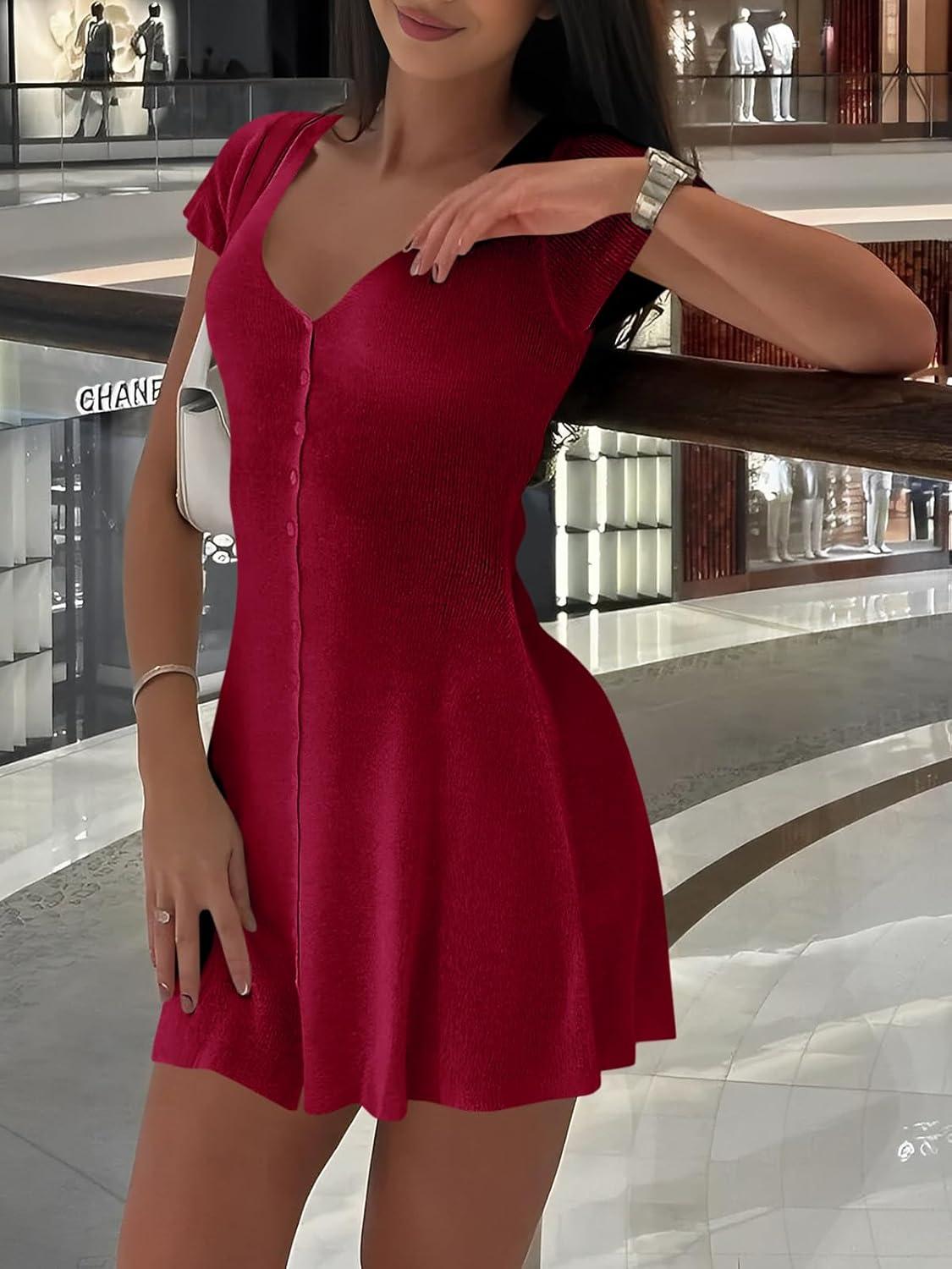 image:imageSaodimallsu Womens Short Sleeve Mini Dress V Neck Button Up Cardigan Sweater Summer Ribbed Knit Flare A Line DressesBurgundy
