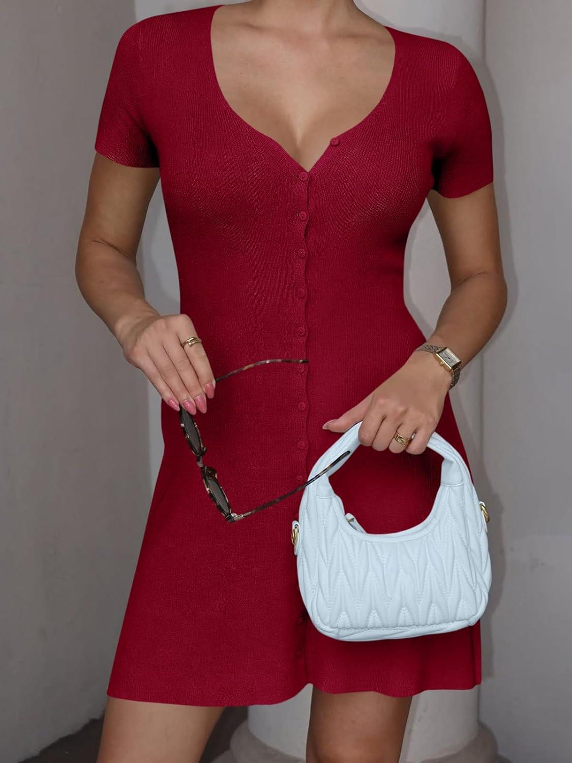 image:imageSaodimallsu Womens Short Sleeve Mini Dress V Neck Button Up Cardigan Sweater Summer Ribbed Knit Flare A Line DressesBurgundy