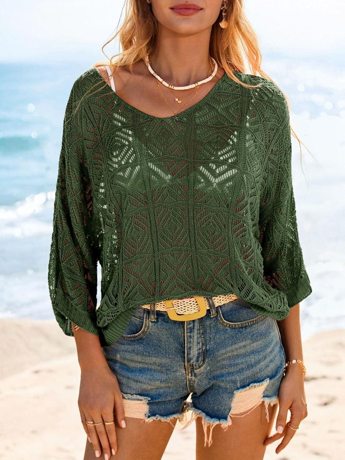 image:imageSaodimallsu Womens Crochet Cover Up Top Summer 34 Sleeve Off Shoulder Sweater Shirts Mesh Boho Beach Swimsuit CoverupArmy Green