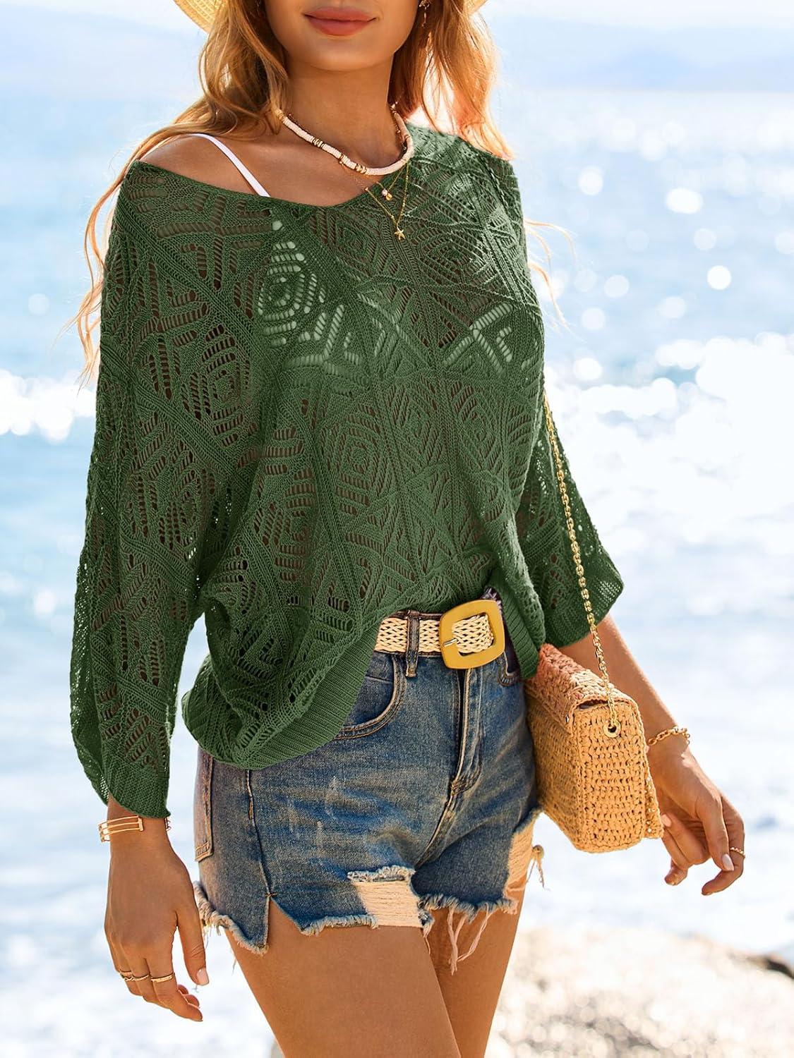 image:imageSaodimallsu Womens Crochet Cover Up Top Summer 34 Sleeve Off Shoulder Sweater Shirts Mesh Boho Beach Swimsuit CoverupArmy Green