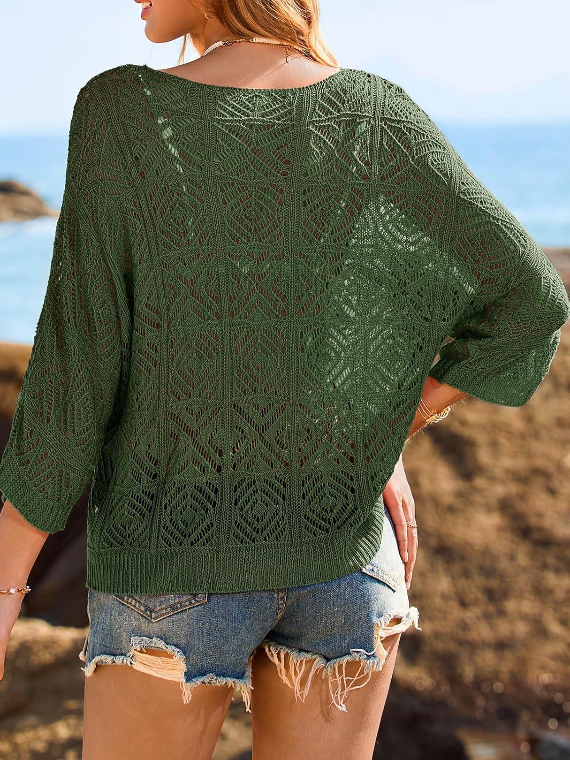 image:imageSaodimallsu Womens Crochet Cover Up Top Summer 34 Sleeve Off Shoulder Sweater Shirts Mesh Boho Beach Swimsuit CoverupArmy Green