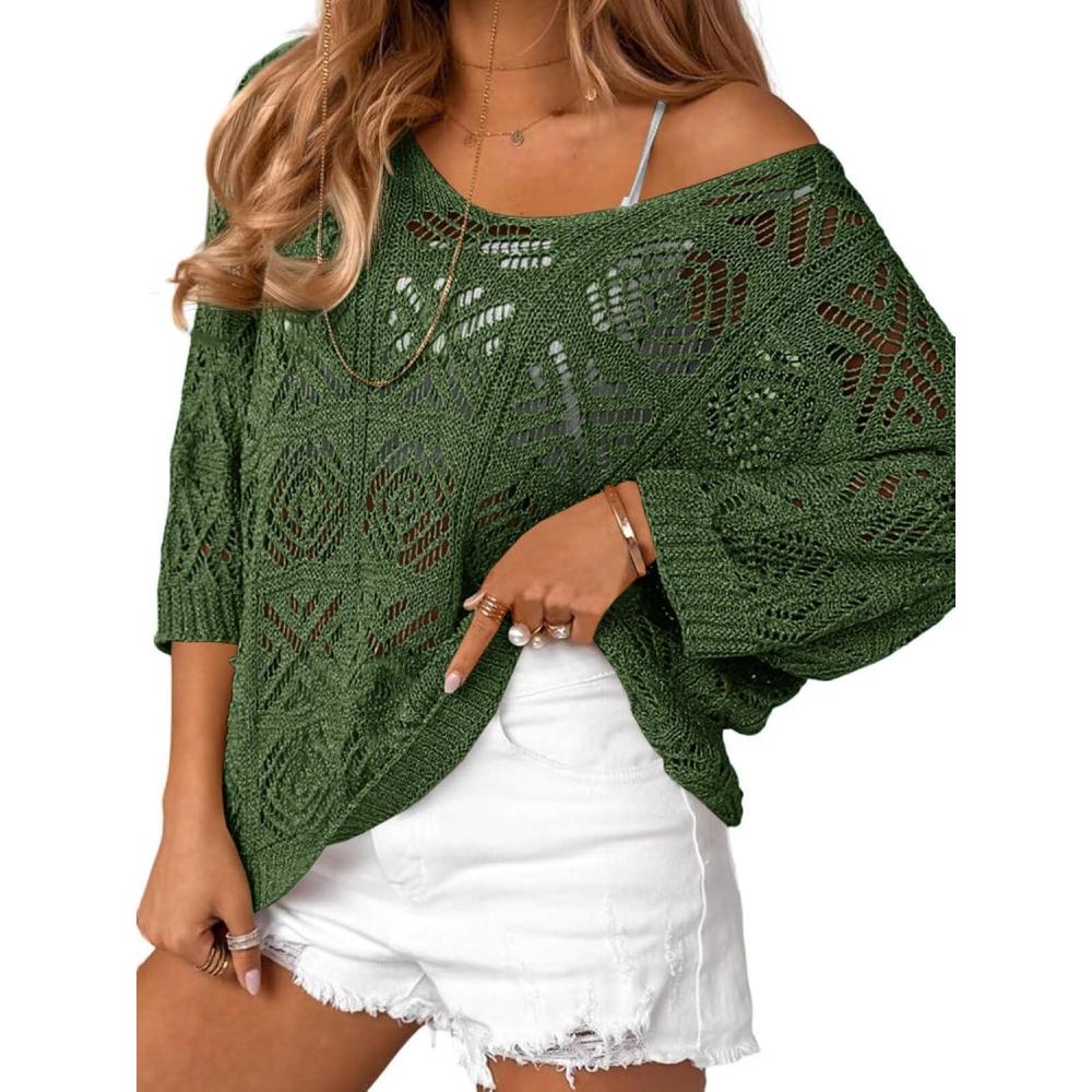 image:imageSaodimallsu Womens Crochet Cover Up Top Summer 34 Sleeve Off Shoulder Sweater Shirts Mesh Boho Beach Swimsuit CoverupArmy Green