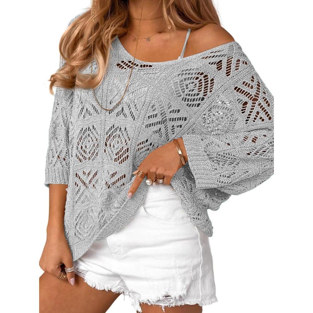 image:imageSaodimallsu Womens Crochet Cover Up Top Summer 34 Sleeve Off Shoulder Sweater Shirts Mesh Boho Beach Swimsuit CoverupGrey