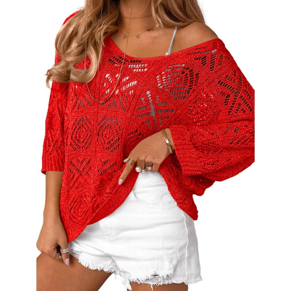 image:imageSaodimallsu Womens Crochet Cover Up Top Summer 34 Sleeve Off Shoulder Sweater Shirts Mesh Boho Beach Swimsuit CoverupRed