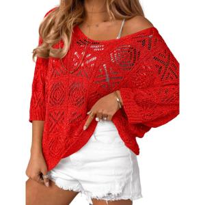 Saodimallsu Womens Crochet Cover Up Top Summer 3/4 Sleeve Off Shoulder Sweater Shirts Mesh Boho Beach Swimsuit Coverup(Red)