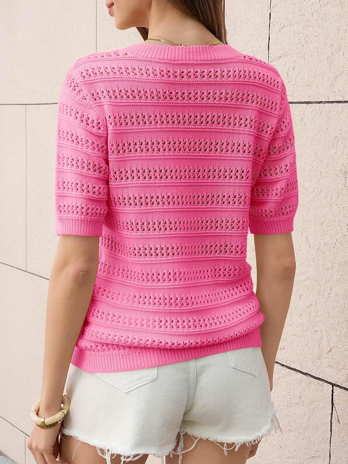 image:imageSaodimallsu Womens Short Sleeve Crochet Sweaters Crew Neck Loose Casual Knit Summer Boho Pullover Top TshirtsHot Pink