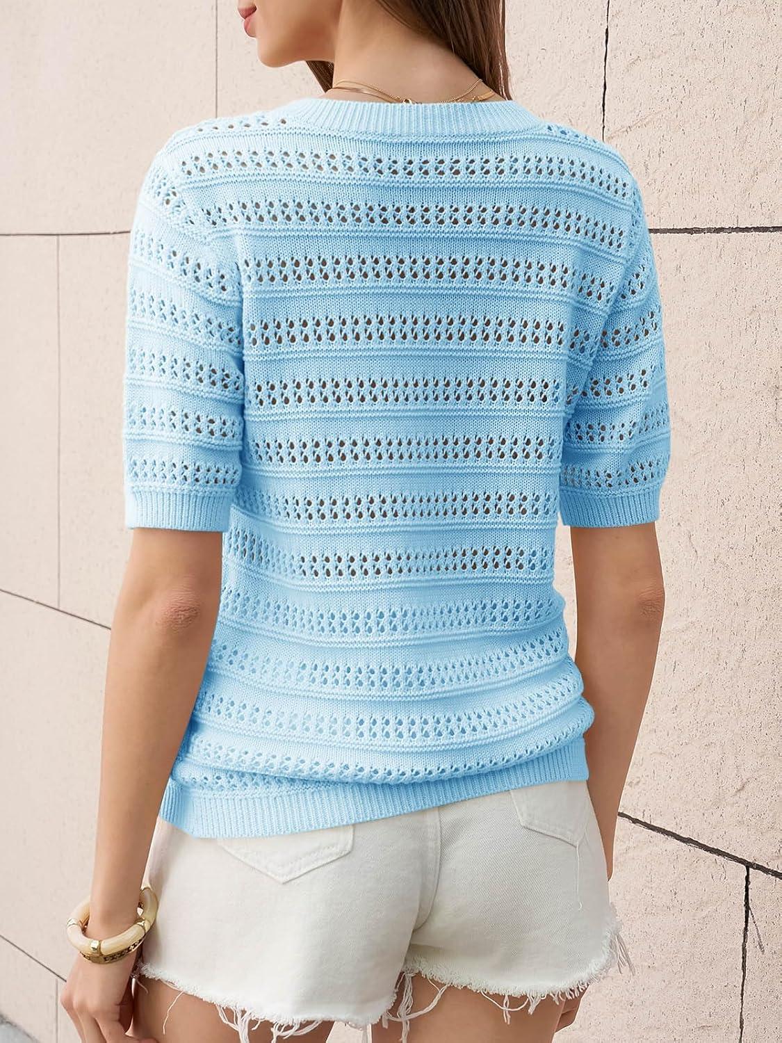 image:imageSaodimallsu Womens Short Sleeve Crochet Sweaters Crew Neck Loose Casual Knit Summer Boho Pullover Top TshirtsSky Blue