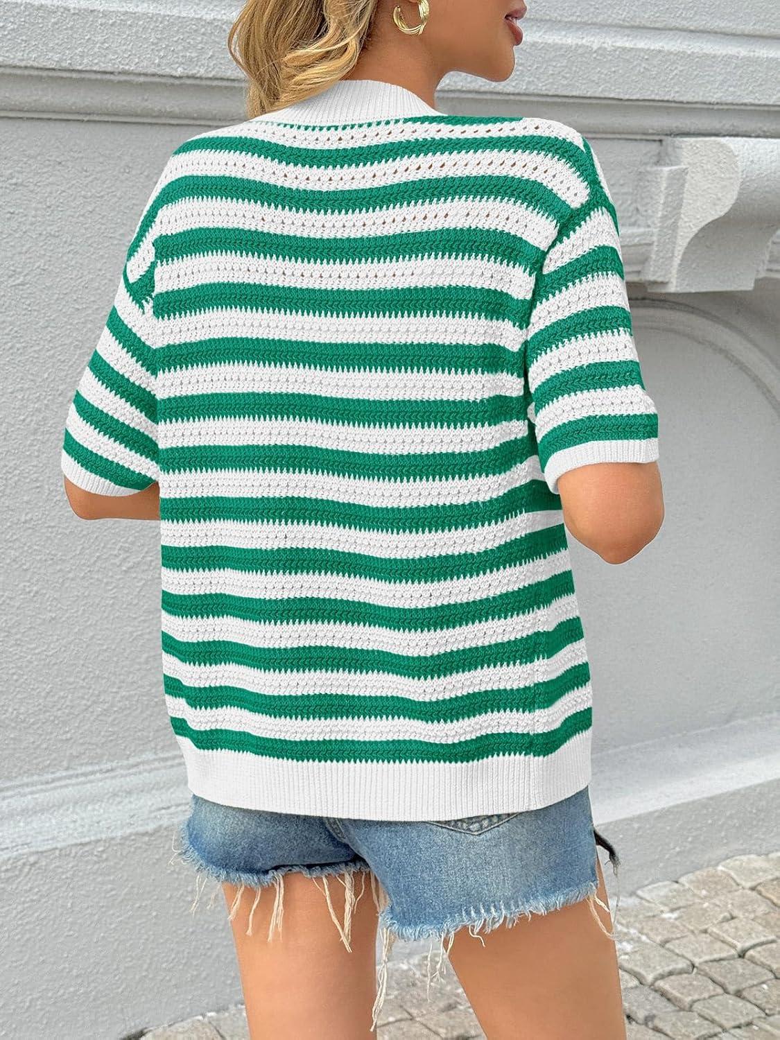 image:imageSaodimallsu Womens Short Sleeve Striped Cardigan Sweaters Crochet Knit Button Down Shirts V Neck Spring Summer TopsGreen