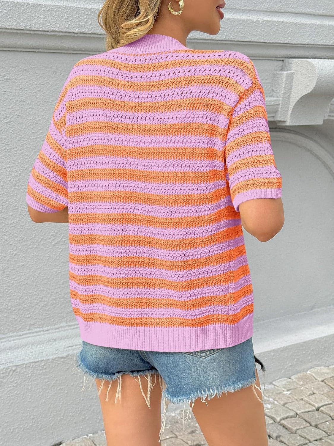 image:imageSaodimallsu Womens Short Sleeve Striped Cardigan Sweaters Crochet Knit Button Down Shirts V Neck Spring Summer TopsViolet