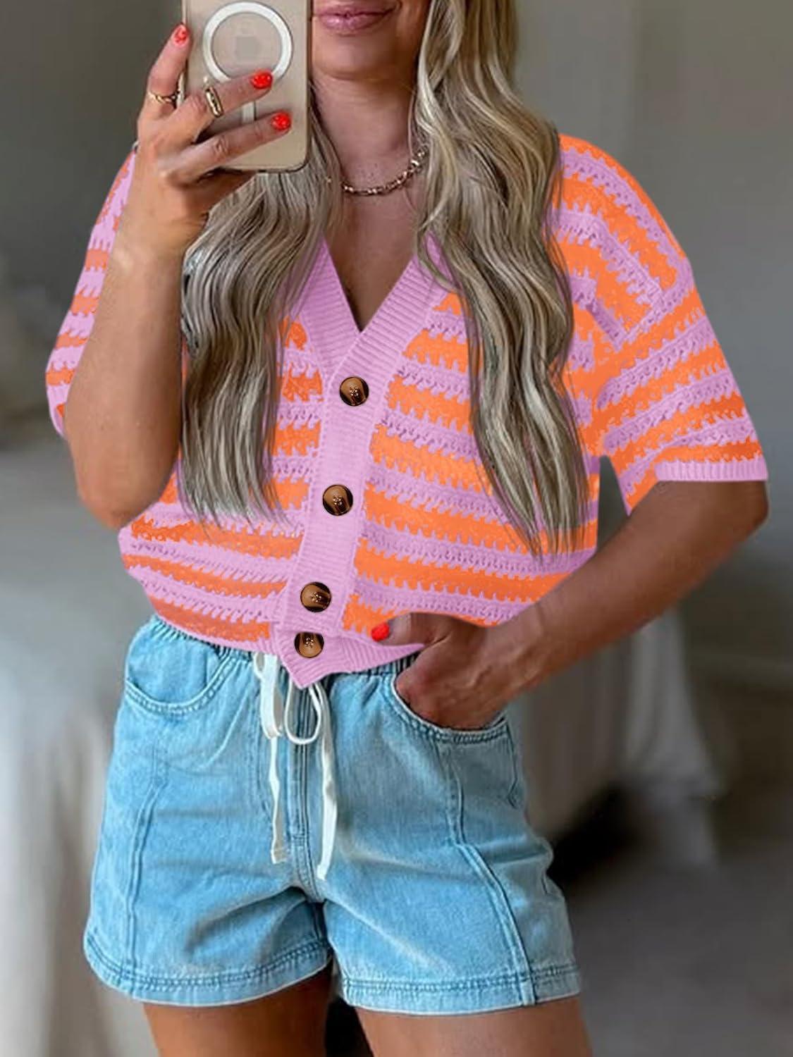 image:imageSaodimallsu Womens Short Sleeve Striped Cardigan Sweaters Crochet Knit Button Down Shirts V Neck Spring Summer TopsViolet