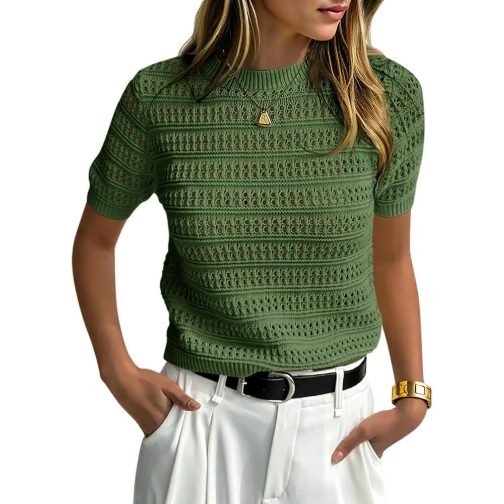 image:imageSaodimallsu Womens Short Sleeve Crochet Sweaters Crew Neck Loose Casual Knit Summer Boho Pullover Top TshirtsArmy Green