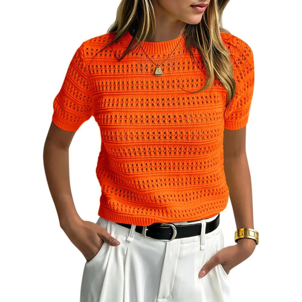 image:imageSaodimallsu Womens Short Sleeve Crochet Sweaters Crew Neck Loose Casual Knit Summer Boho Pullover Top TshirtsOrange