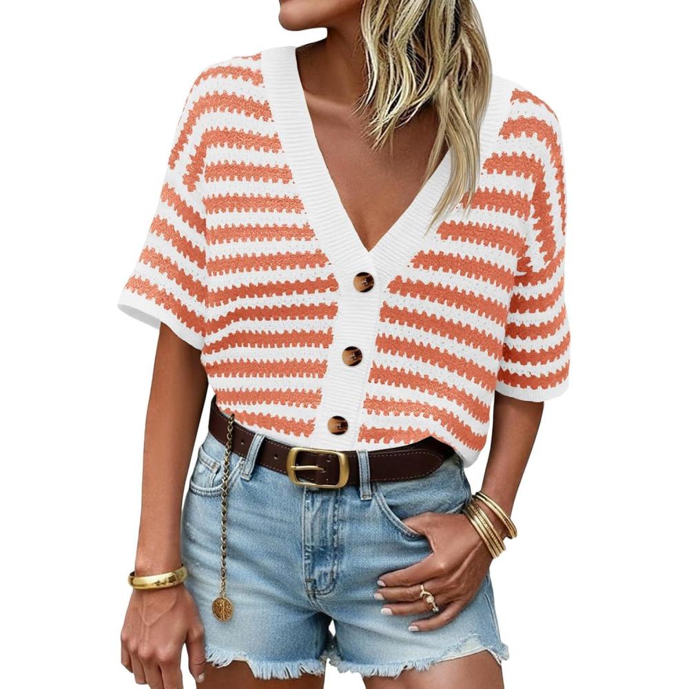 image:imageSaodimallsu Womens Short Sleeve Striped Cardigan Sweaters Crochet Knit Button Down Shirts V Neck Spring Summer TopsBrick Red