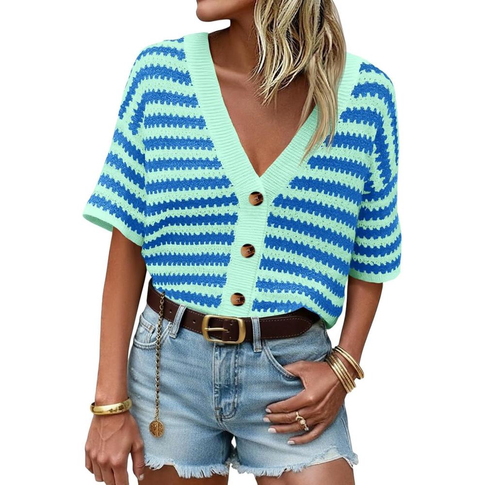 image:imageSaodimallsu Womens Short Sleeve Striped Cardigan Sweaters Crochet Knit Button Down Shirts V Neck Spring Summer TopsLight Green