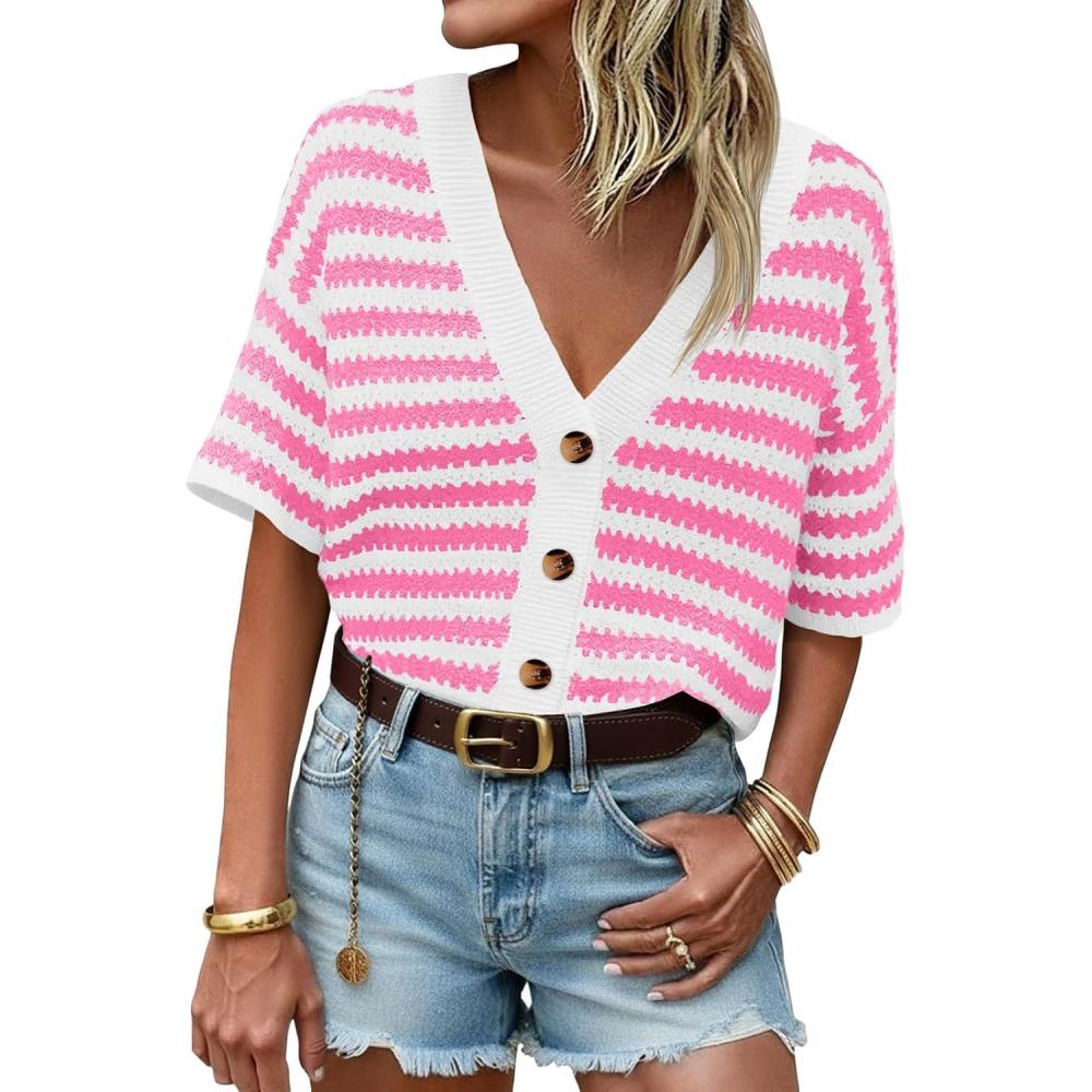 image:imageSaodimallsu Womens Short Sleeve Striped Cardigan Sweaters Crochet Knit Button Down Shirts V Neck Spring Summer TopsRose Red