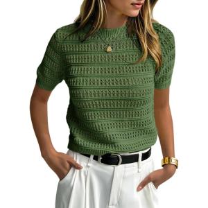 Saodimallsu Womens Short Sleeve Crochet Sweaters Crew Neck Loose Casual Knit Summer Boho Pullover Top Tshirts(Army Green)