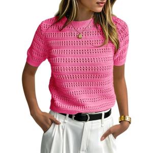 Saodimallsu Womens Short Sleeve Crochet Sweaters Crew Neck Loose Casual Knit Summer Boho Pullover Top Tshirts(Hot Pink)