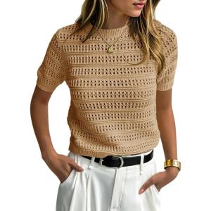 Saodimallsu Womens Short Sleeve Crochet Sweaters Crew Neck Loose Casual Knit Summer Boho Pullover Top Tshirts(Khaki)