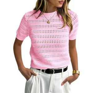 Saodimallsu Womens Short Sleeve Crochet Sweaters Crew Neck Loose Casual Knit Summer Boho Pullover Top Tshirts(Pink)
