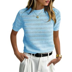 Saodimallsu Womens Short Sleeve Crochet Sweaters Crew Neck Loose Casual Knit Summer Boho Pullover Top Tshirts(Sky Blue)