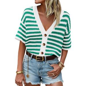 Saodimallsu Womens Short Sleeve Striped Cardigan Sweaters Crochet Knit Button Down Shirts V Neck Spring Summer Tops(Green)