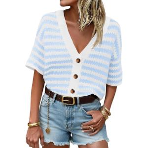 Saodimallsu Womens Short Sleeve Striped Cardigan Sweaters Crochet Knit Button Down Shirts V Neck Spring Summer Tops(Light Blue)