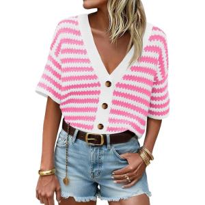 Saodimallsu Womens Short Sleeve Striped Cardigan Sweaters Crochet Knit Button Down Shirts V Neck Spring Summer Tops(Rose Red)