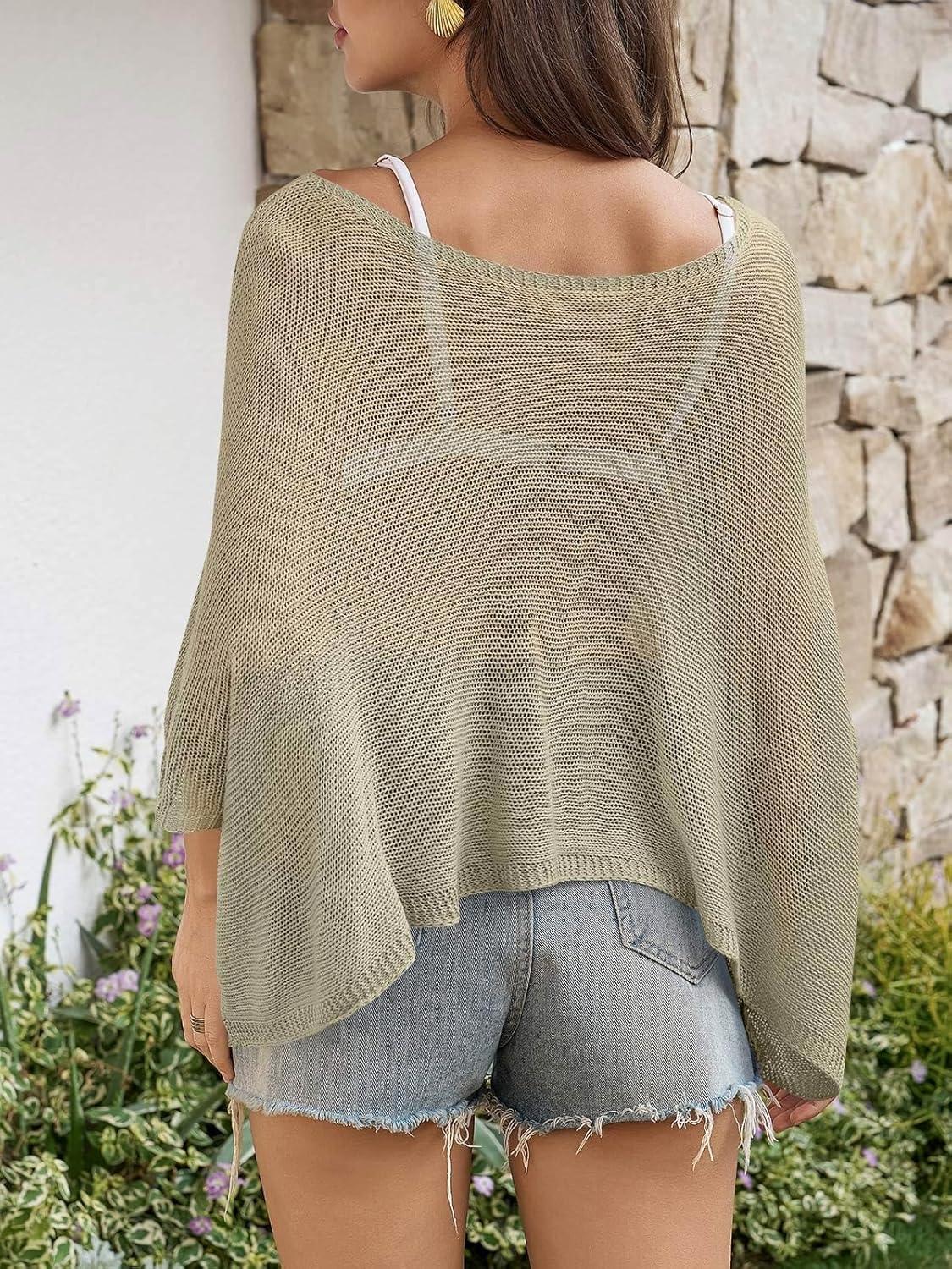 image:imageSaodimallsu Womens Batwing Short Sleeve Sweater Crop Tops Lightweight Oversized Boat Neck Crochet Knit Cover UpsKhaki