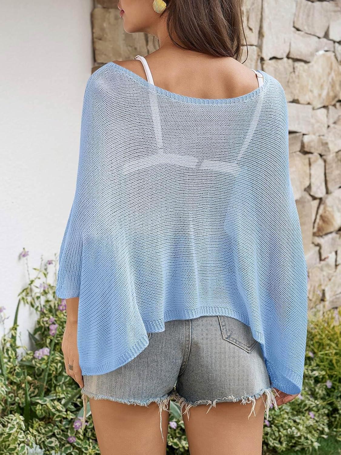 image:imageSaodimallsu Womens Batwing Short Sleeve Sweater Crop Tops Lightweight Oversized Boat Neck Crochet Knit Cover UpsLight Blue