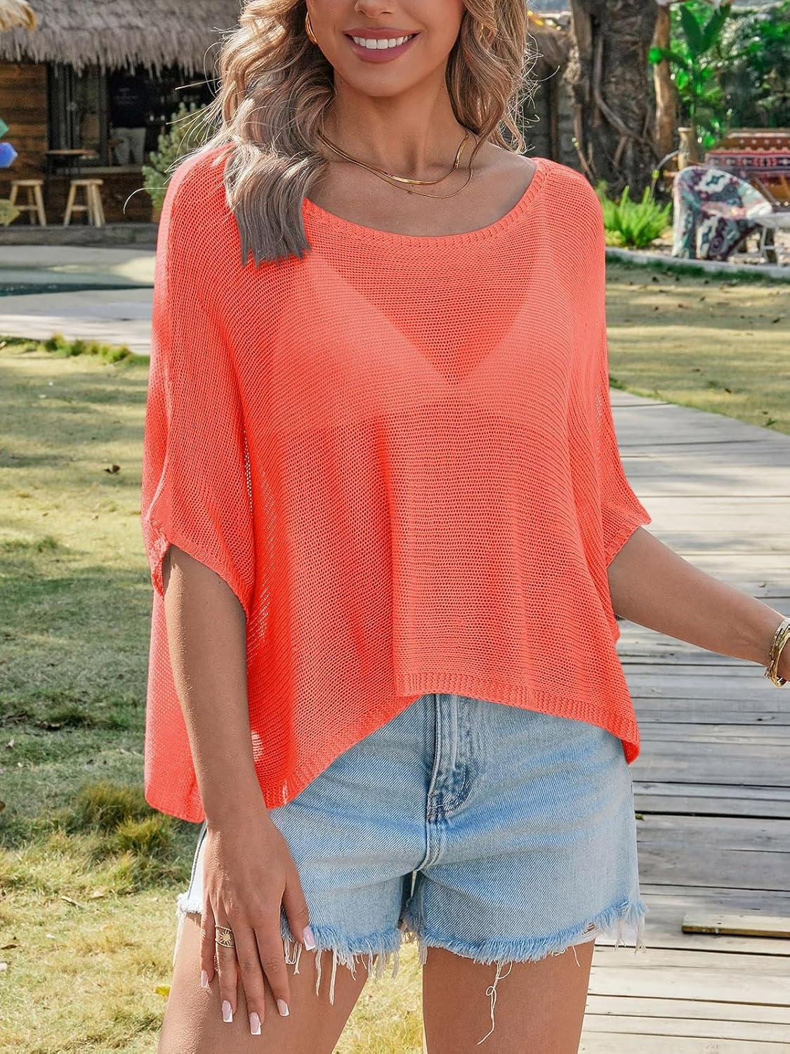 image:imageSaodimallsu Womens Batwing Short Sleeve Sweater Crop Tops Lightweight Oversized Boat Neck Crochet Knit Cover UpsOrange