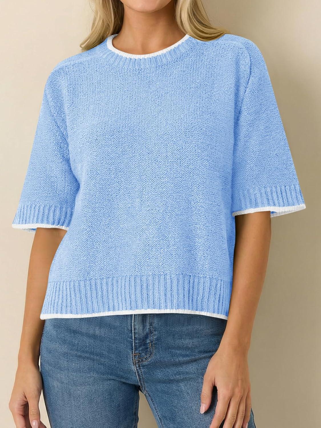 image:imageSaodimallsu Womens Short Sleeve Sweaters Casual Crew Neck Lightweight Color Block Loose Fit Summer Trendy Knit TopsBlue