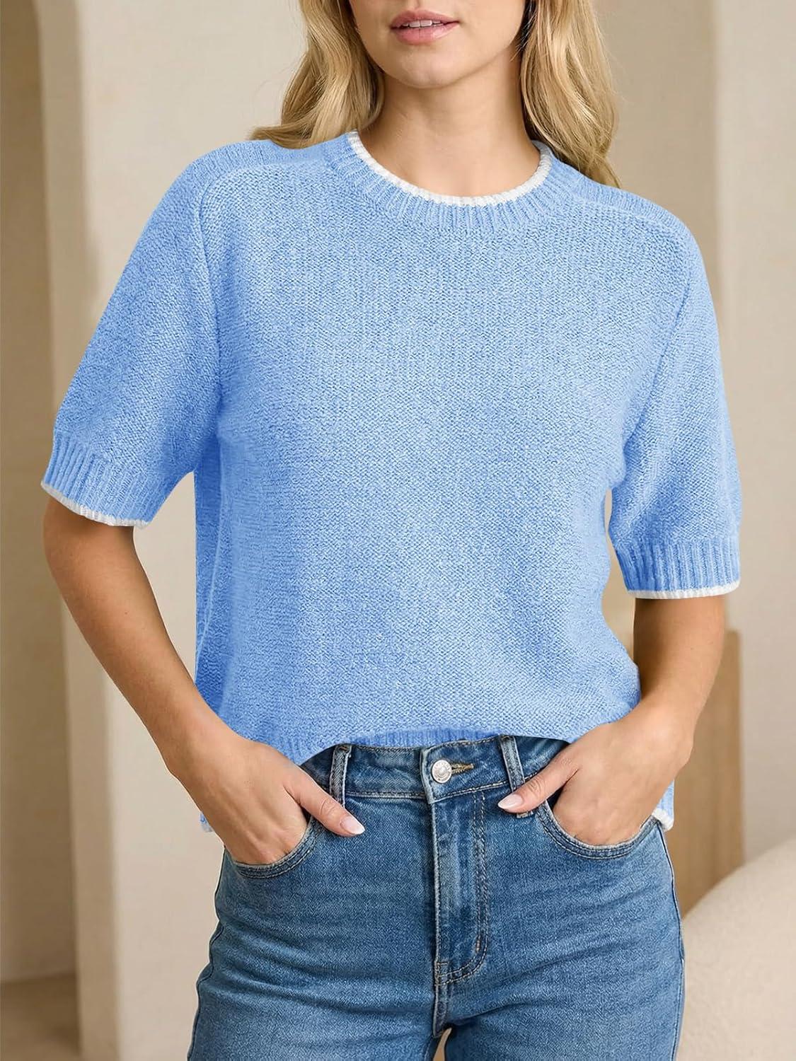 image:imageSaodimallsu Womens Short Sleeve Sweaters Casual Crew Neck Lightweight Color Block Loose Fit Summer Trendy Knit TopsBlue