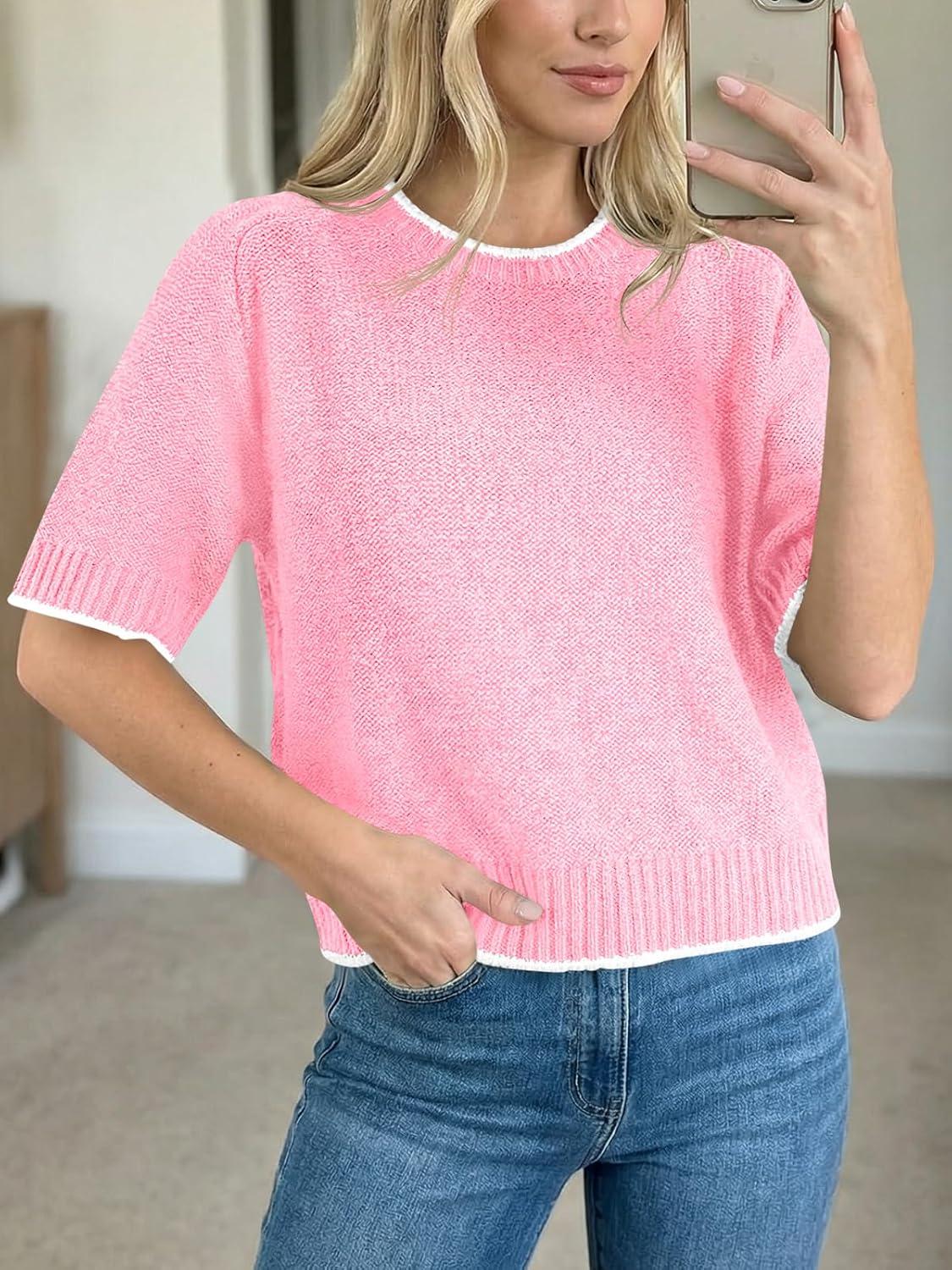 image:imageSaodimallsu Womens Short Sleeve Sweaters Casual Crew Neck Lightweight Color Block Loose Fit Summer Trendy Knit TopsPink