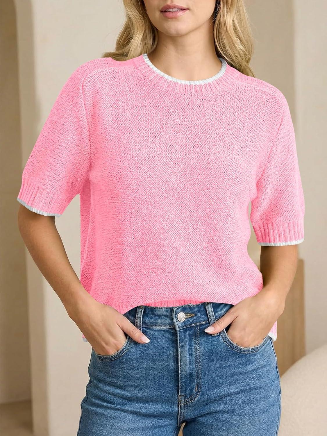 image:imageSaodimallsu Womens Short Sleeve Sweaters Casual Crew Neck Lightweight Color Block Loose Fit Summer Trendy Knit TopsPink