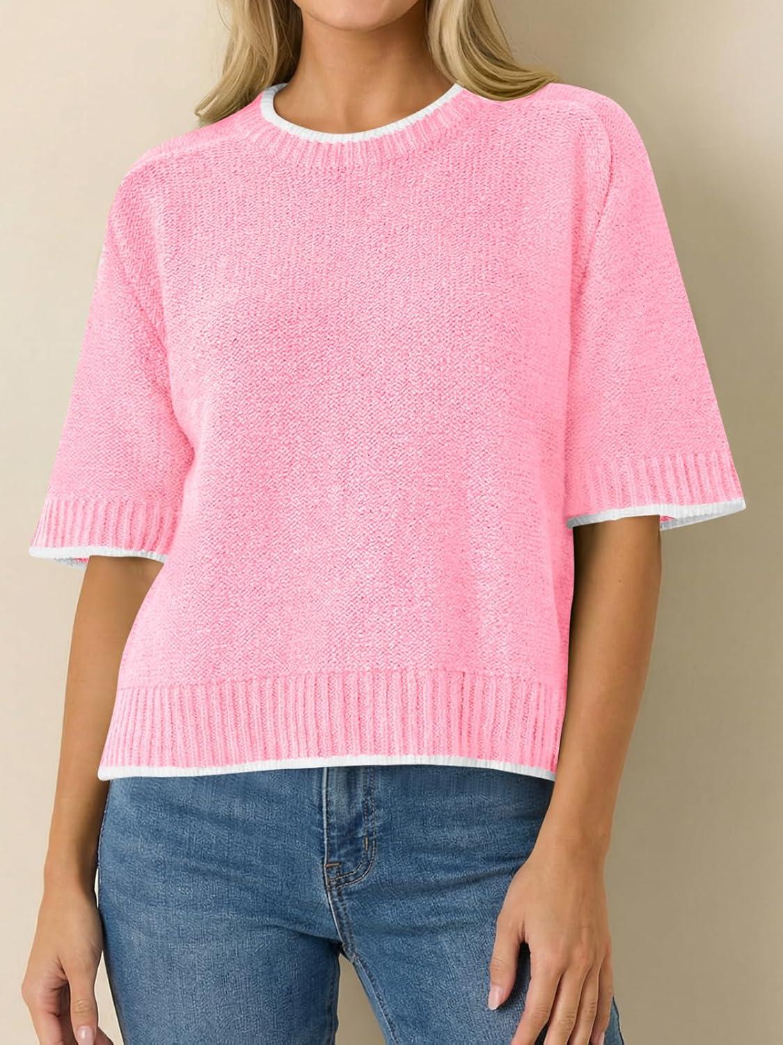 image:imageSaodimallsu Womens Short Sleeve Sweaters Casual Crew Neck Lightweight Color Block Loose Fit Summer Trendy Knit TopsPink