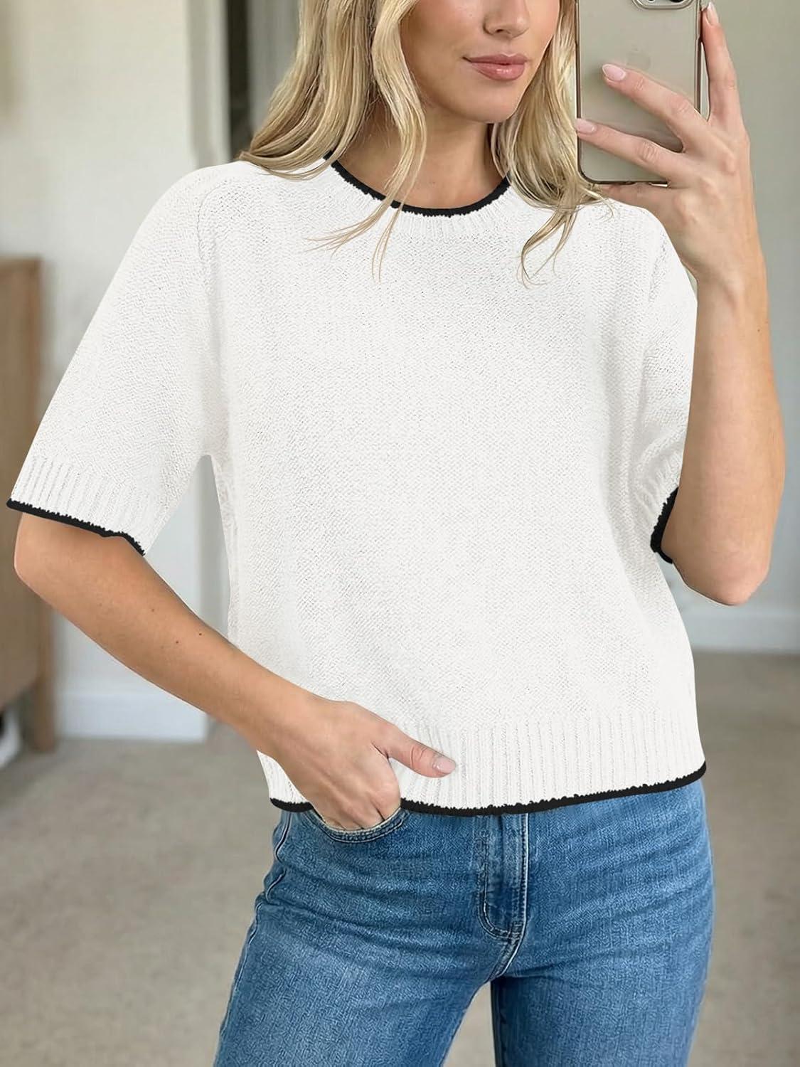 image:imageSaodimallsu Womens Short Sleeve Sweaters Casual Crew Neck Lightweight Color Block Loose Fit Summer Trendy Knit TopsWhite