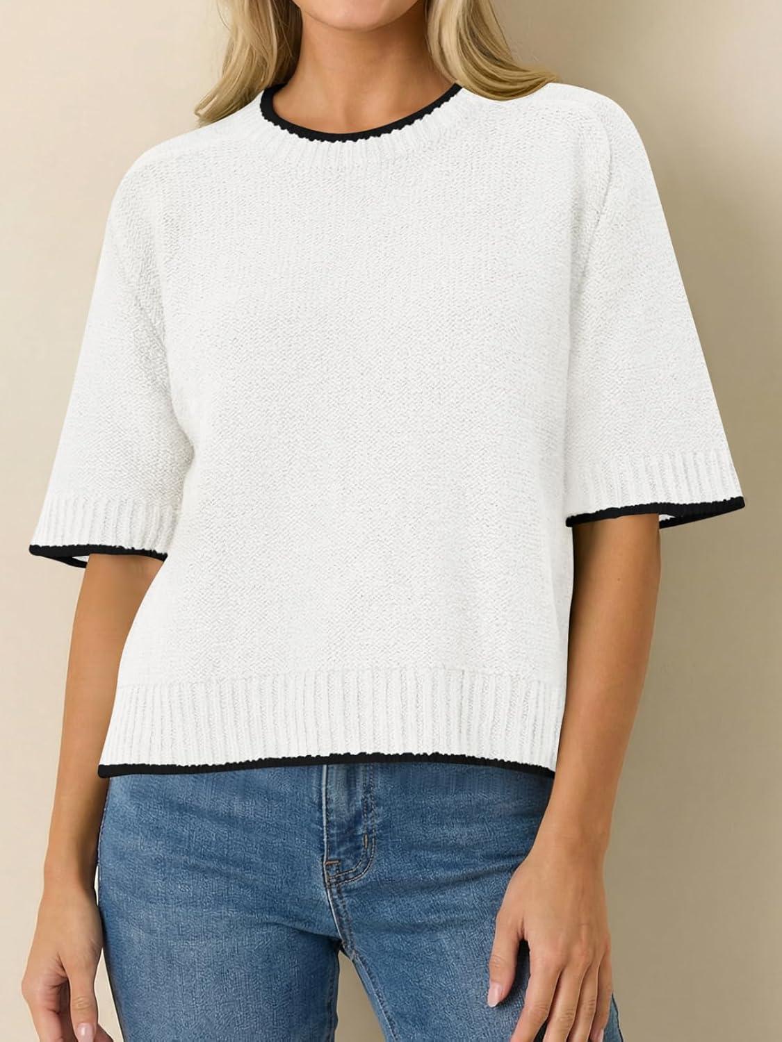 image:imageSaodimallsu Womens Short Sleeve Sweaters Casual Crew Neck Lightweight Color Block Loose Fit Summer Trendy Knit TopsWhite