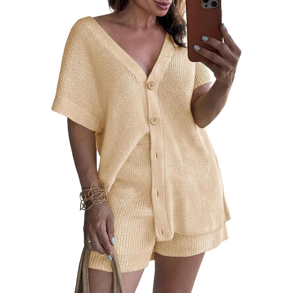 image:imageSaodimallsu Womens 2 Piece Outfits Sweater Sets Summer Oversized Cap Sleeve Button Up Cardigans Top Shorts Lounge SetApricot