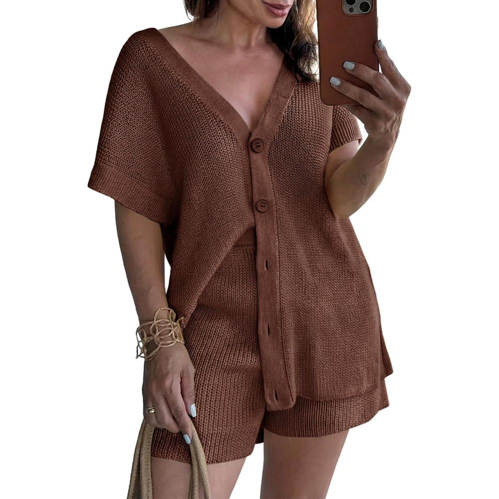 image:imageSaodimallsu Womens 2 Piece Outfits Sweater Sets Summer Oversized Cap Sleeve Button Up Cardigans Top Shorts Lounge SetCoffee